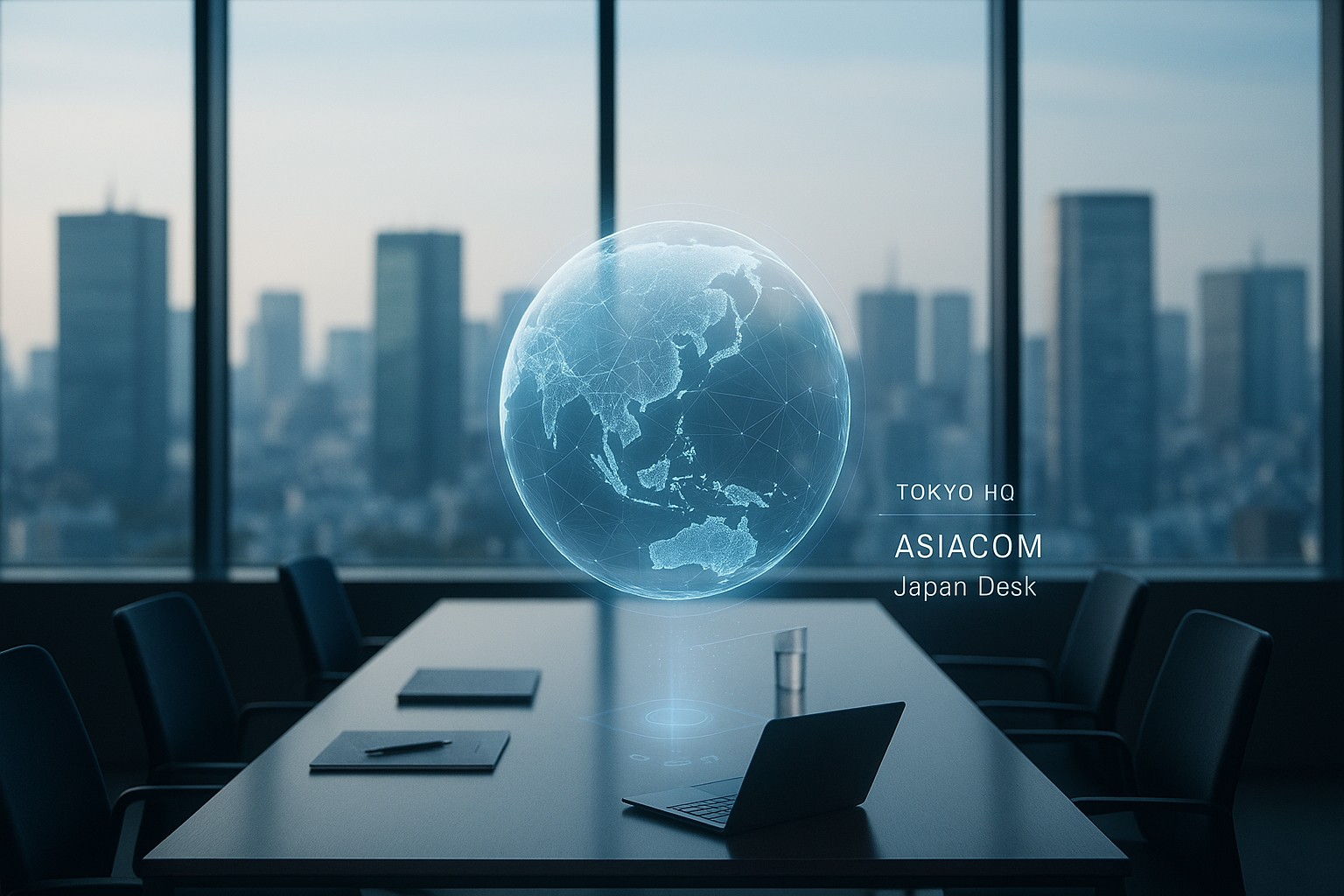 Tokyo HQ – ASIACOM Japan Desk office with holographic globe